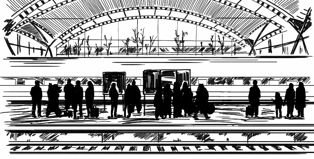 An animation of people waiting at a train station.